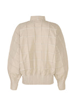 The TYPE-O 002 jacket by A-POC ABLE ISSEY MIYAKE features a cream grid pattern, high collar, long balloon sleeves, and ribbed trim. Made from lightweight stretch fabric, it blends structure with comfort. Shown on a white background for clarity.