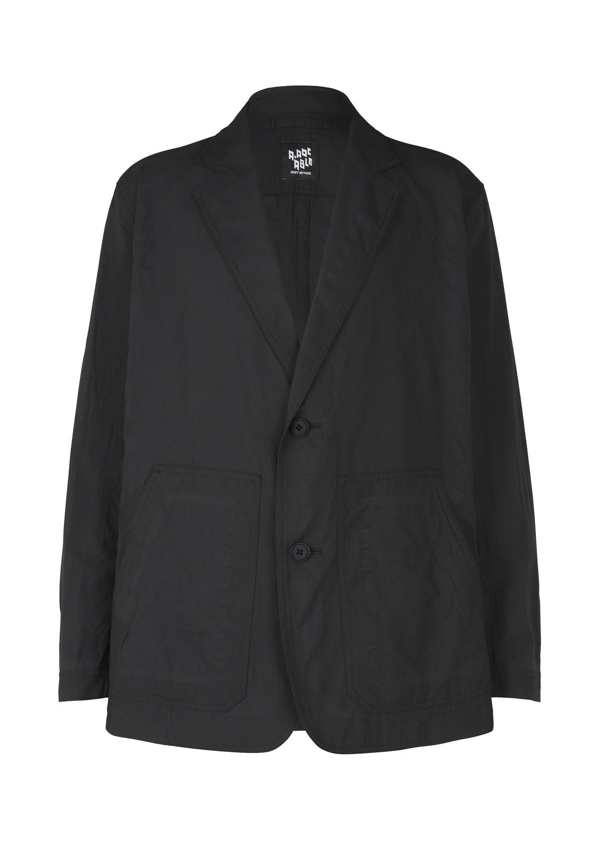 The TYPE-U 001 by A-POC ABLE ISSEY MIYAKE is a black, long-sleeved, wrinkle-resistant jacket with two front buttons and large front pockets, shown on a plain white background. view 1 of 9
