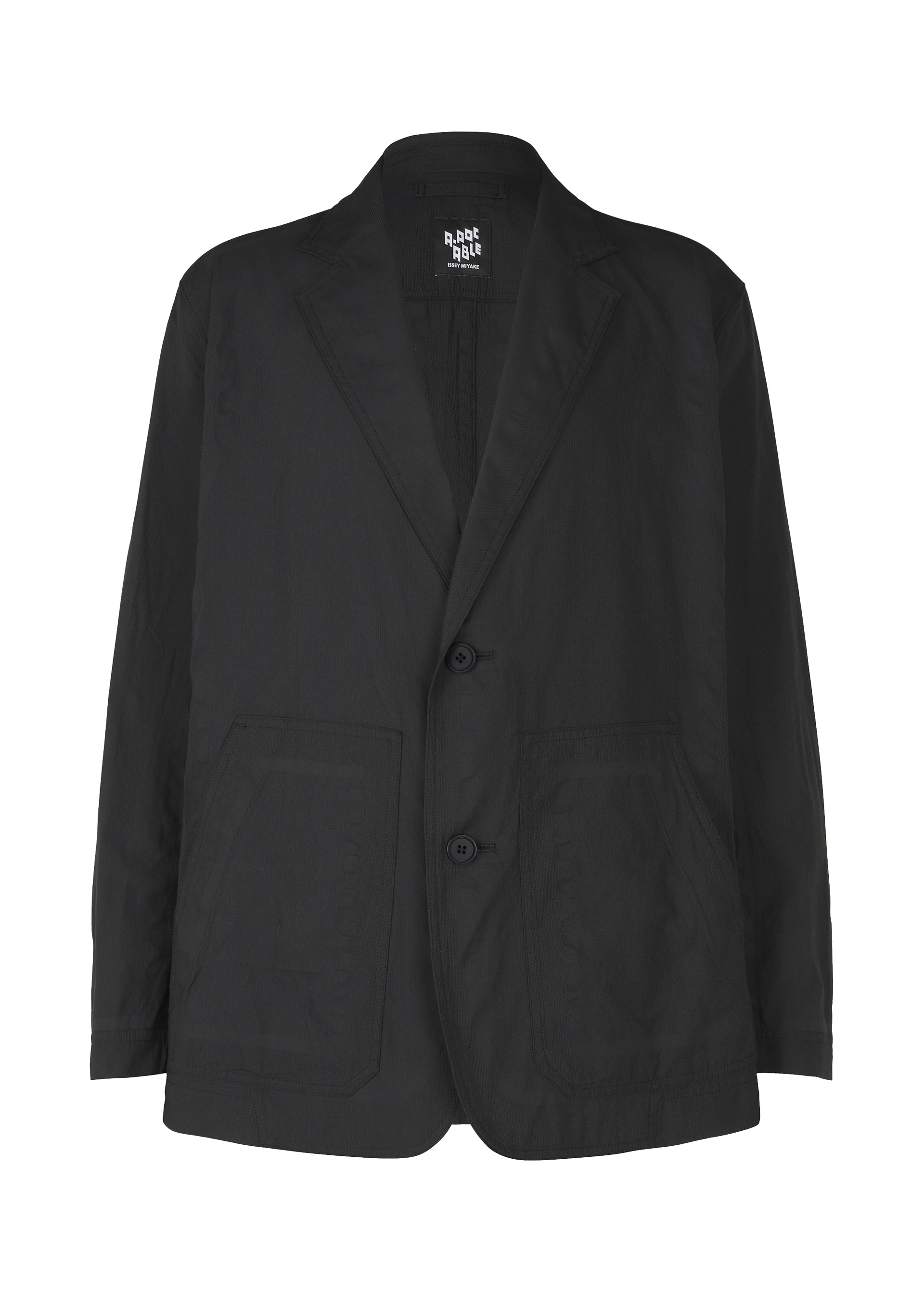 Zoomed view The TYPE-U 001 by A-POC ABLE ISSEY MIYAKE is a black, long-sleeved, wrinkle-resistant jacket with two front buttons and large front pockets, shown on a plain white background. - BLACK （no.15）