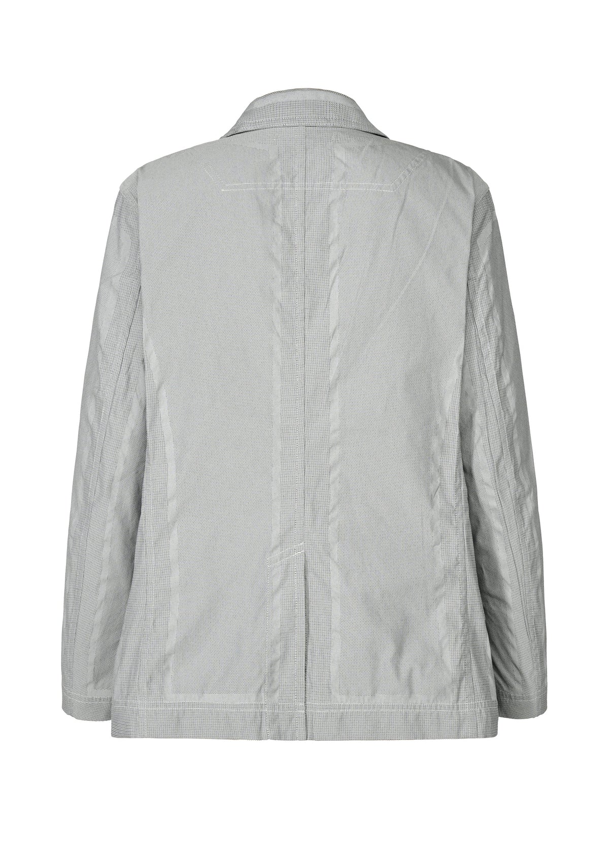 The TYPE-U 001 by A-POC ABLE ISSEY MIYAKE is a light gray, long-sleeve wrinkle-resistant jacket shown from the back, featuring subtle vertical seams and a tailored fit with no visible buttons or decorative elements. view 2 of 9