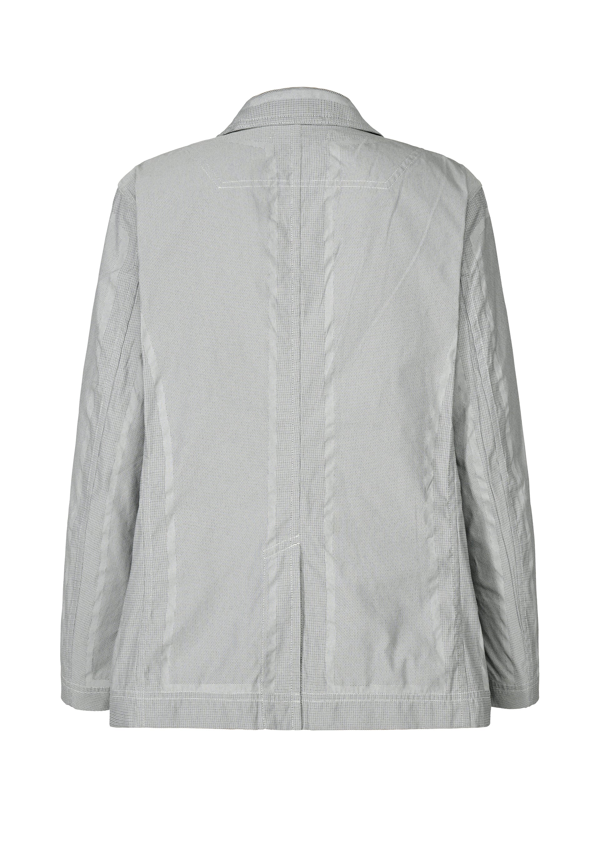 Zoomed view The TYPE-U 001 by A-POC ABLE ISSEY MIYAKE is a light gray, long-sleeve wrinkle-resistant jacket shown from the back, featuring subtle vertical seams and a tailored fit with no visible buttons or decorative elements.