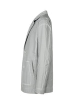 The TYPE-U 001 by A-POC ABLE ISSEY MIYAKE is a light grey, long-sleeve relaxed fit jacket with two front pockets, a notched lapel, and visible seam details; shown from the side against a white background.