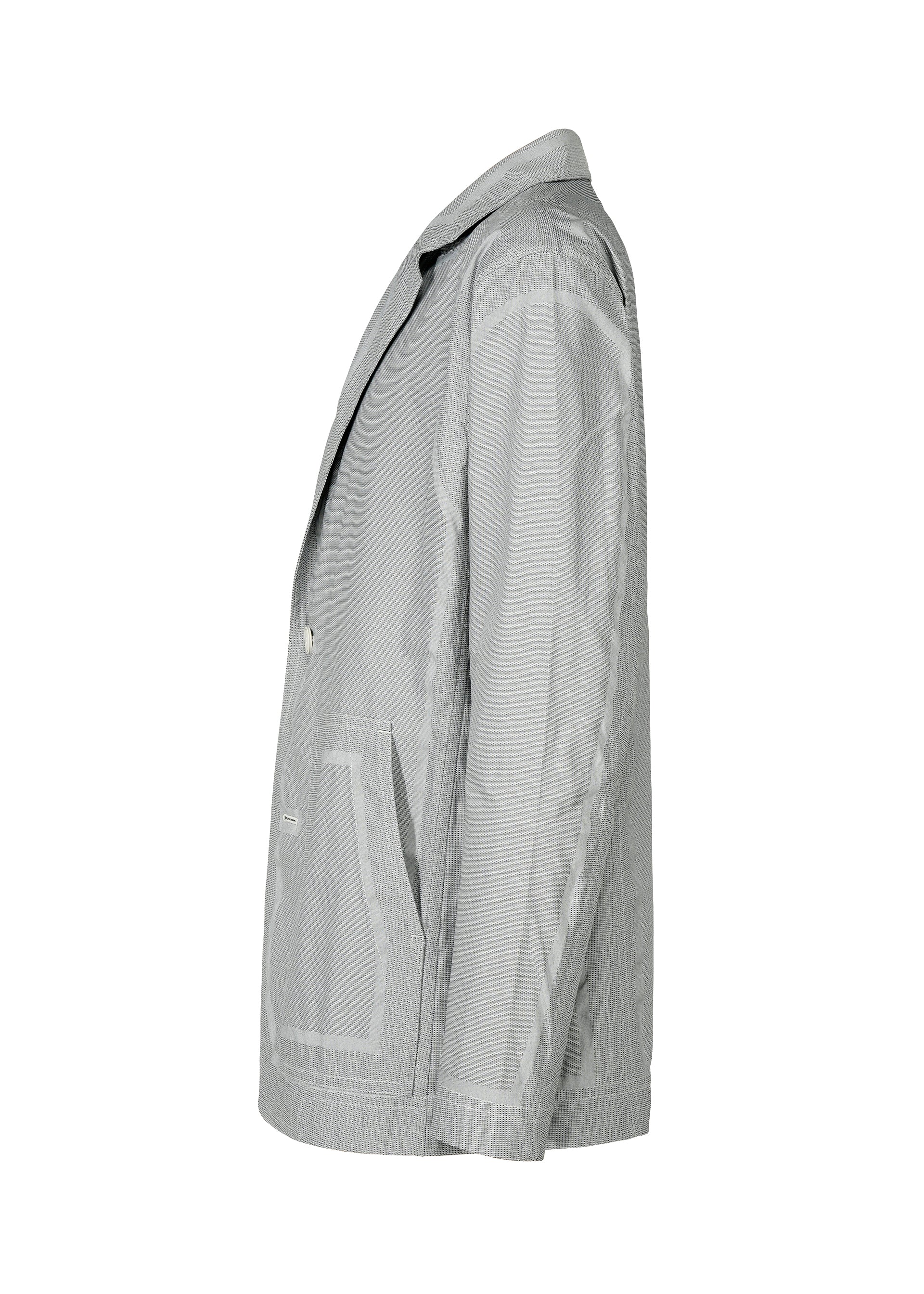Zoomed view The TYPE-U 001 by A-POC ABLE ISSEY MIYAKE is a light grey, long-sleeve relaxed fit jacket with two front pockets, a notched lapel, and visible seam details; shown from the side against a white background.