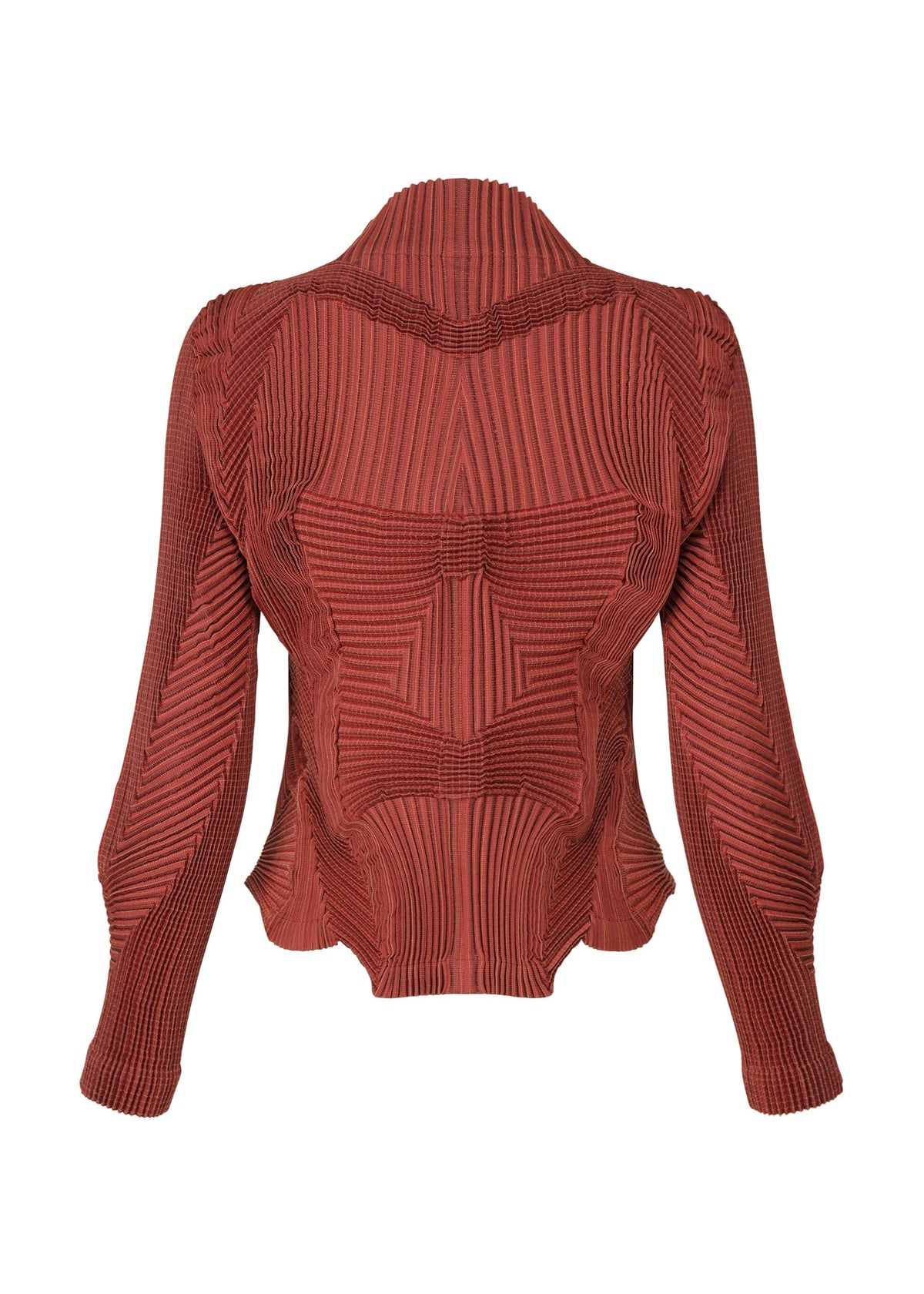 The TYPE-O 003 BK by A-POC ABLE ISSEY MIYAKE is a rust-colored long-sleeve jacket with a fitted silhouette, geometric ribbed textures, and sculpted detailing, crafted from comfortable year-round tube-shaped fabric. view 2 of 3