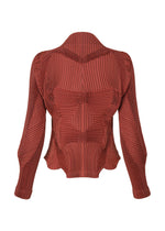 The TYPE-O 003 BK by A-POC ABLE ISSEY MIYAKE is a rust-colored long-sleeve jacket with a fitted silhouette, geometric ribbed textures, and sculpted detailing, crafted from comfortable year-round tube-shaped fabric.