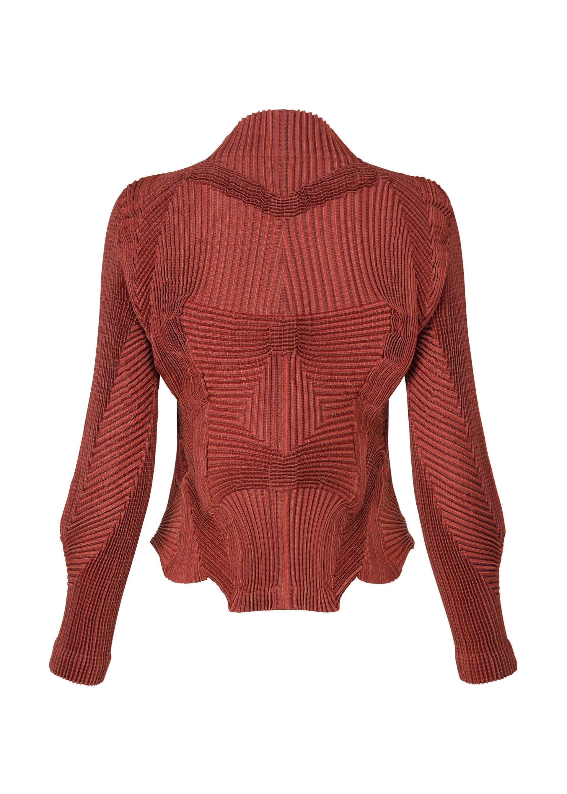 Zoomed view The TYPE-O 003 BK by A-POC ABLE ISSEY MIYAKE is a rust-colored long-sleeve jacket with a fitted silhouette, geometric ribbed textures, and sculpted detailing, crafted from comfortable year-round tube-shaped fabric.