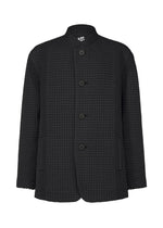 The TYPE-O 014 by A-POC ABLE ISSEY MIYAKE is a black textured jacket featuring a standing collar, long sleeves, two front pockets, and a distinctive waffle-like pleated pattern. - BLACK （no.15）