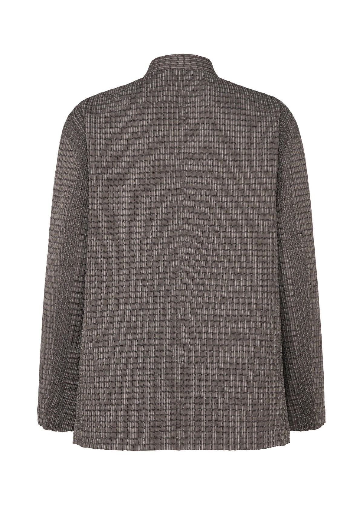 Back view of TYPE-O 014 by A-POC ABLE ISSEY MIYAKE: a muted gray, long-sleeved standing collar jacket, accented with subtle grid-shaped pleats and a checkered pattern for textured detail. view 3 of 6