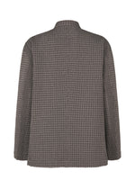 Back view of TYPE-O 014 by A-POC ABLE ISSEY MIYAKE: a muted gray, long-sleeved standing collar jacket, accented with subtle grid-shaped pleats and a checkered pattern for textured detail.