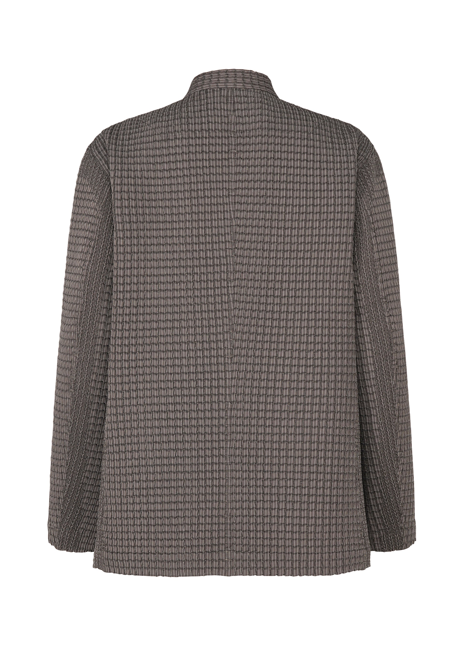 Zoomed view Back view of TYPE-O 014 by A-POC ABLE ISSEY MIYAKE: a muted gray, long-sleeved standing collar jacket, accented with subtle grid-shaped pleats and a checkered pattern for textured detail.