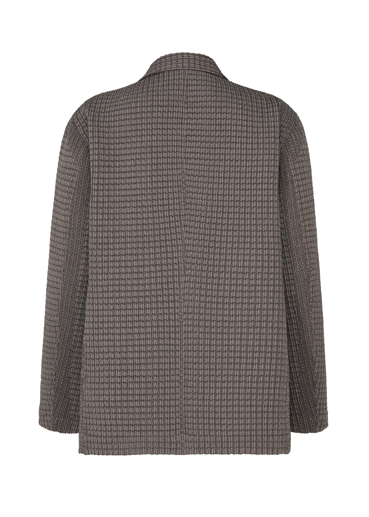 The TYPE-O 014 jacket by A-POC ABLE ISSEY MIYAKE is a long-sleeved, gray tailored collar piece shown from the back, featuring subtle grid pleats and a checkered pattern that add visual interest. view 2 of 5
