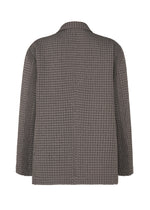The TYPE-O 014 jacket by A-POC ABLE ISSEY MIYAKE is a long-sleeved, gray tailored collar piece shown from the back, featuring subtle grid pleats and a checkered pattern that add visual interest.