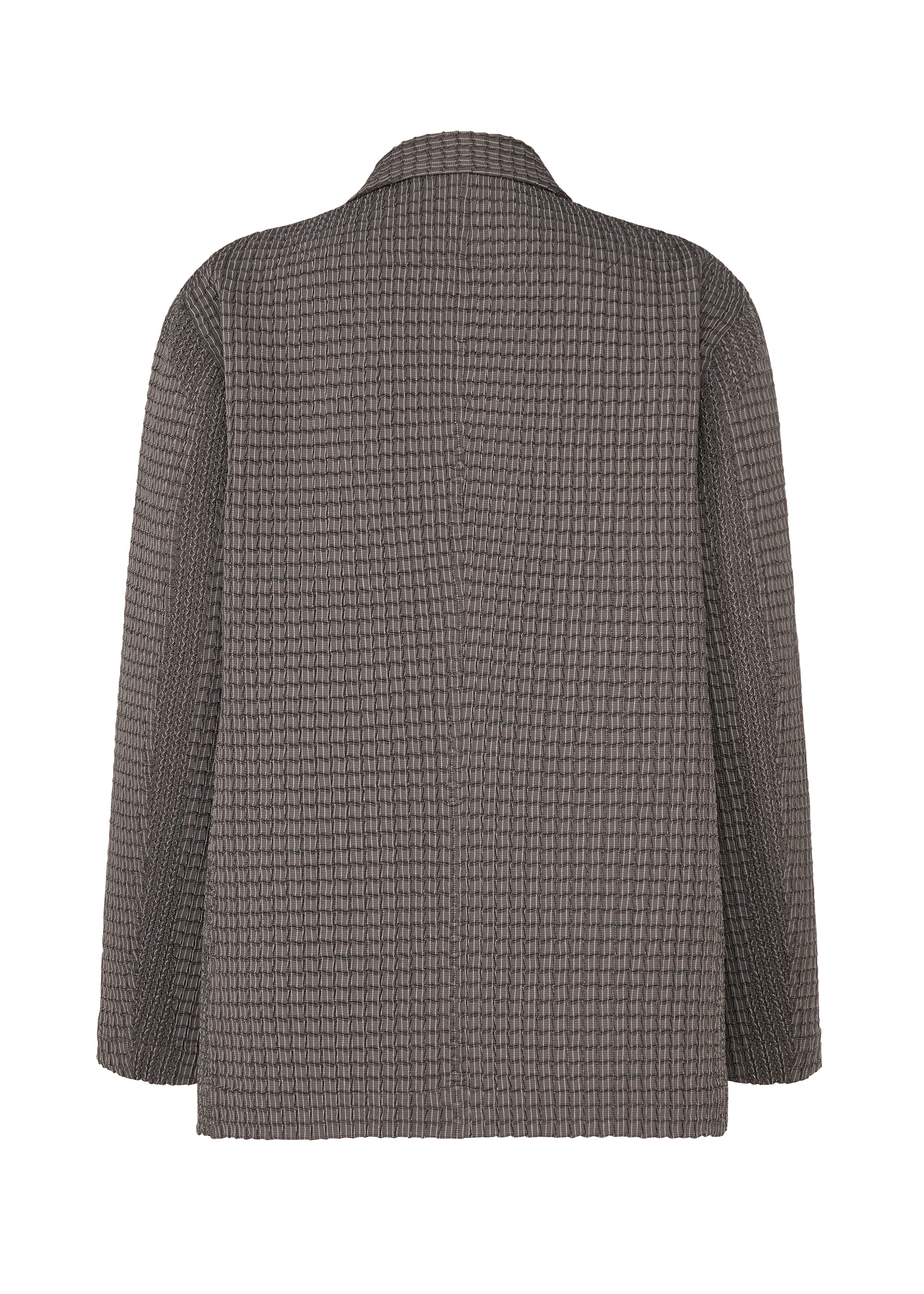 Zoomed view The TYPE-O 014 jacket by A-POC ABLE ISSEY MIYAKE is a long-sleeved, gray tailored collar piece shown from the back, featuring subtle grid pleats and a checkered pattern that add visual interest.