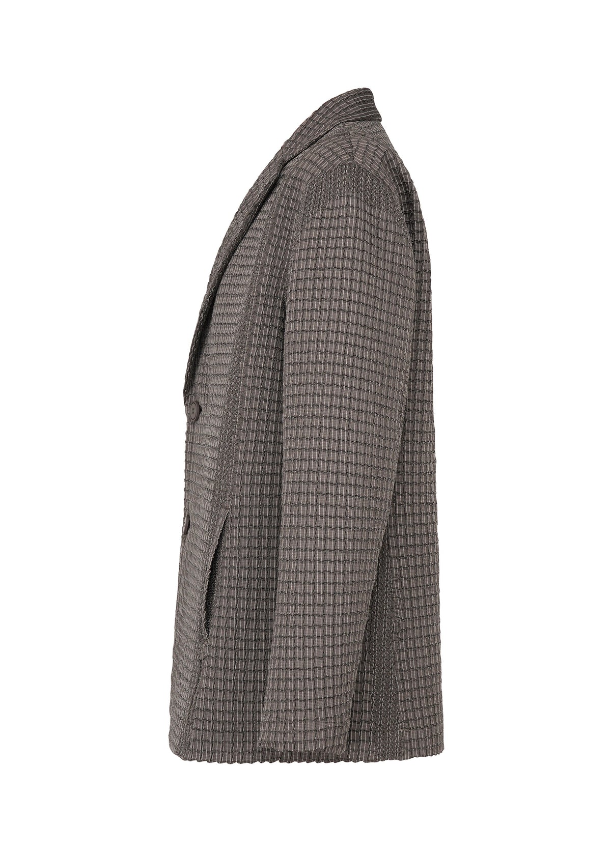 Side view of TYPE-O 014 by A-POC ABLE ISSEY MIYAKE, a brown checkered jacket with grid-shaped pleats, notched lapel, two front pockets, and two buttons, displayed against a plain white background. view 3 of 5