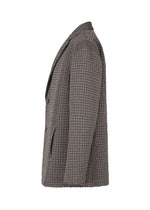 Side view of TYPE-O 014 by A-POC ABLE ISSEY MIYAKE, a brown checkered jacket with grid-shaped pleats, notched lapel, two front pockets, and two buttons, displayed against a plain white background.
