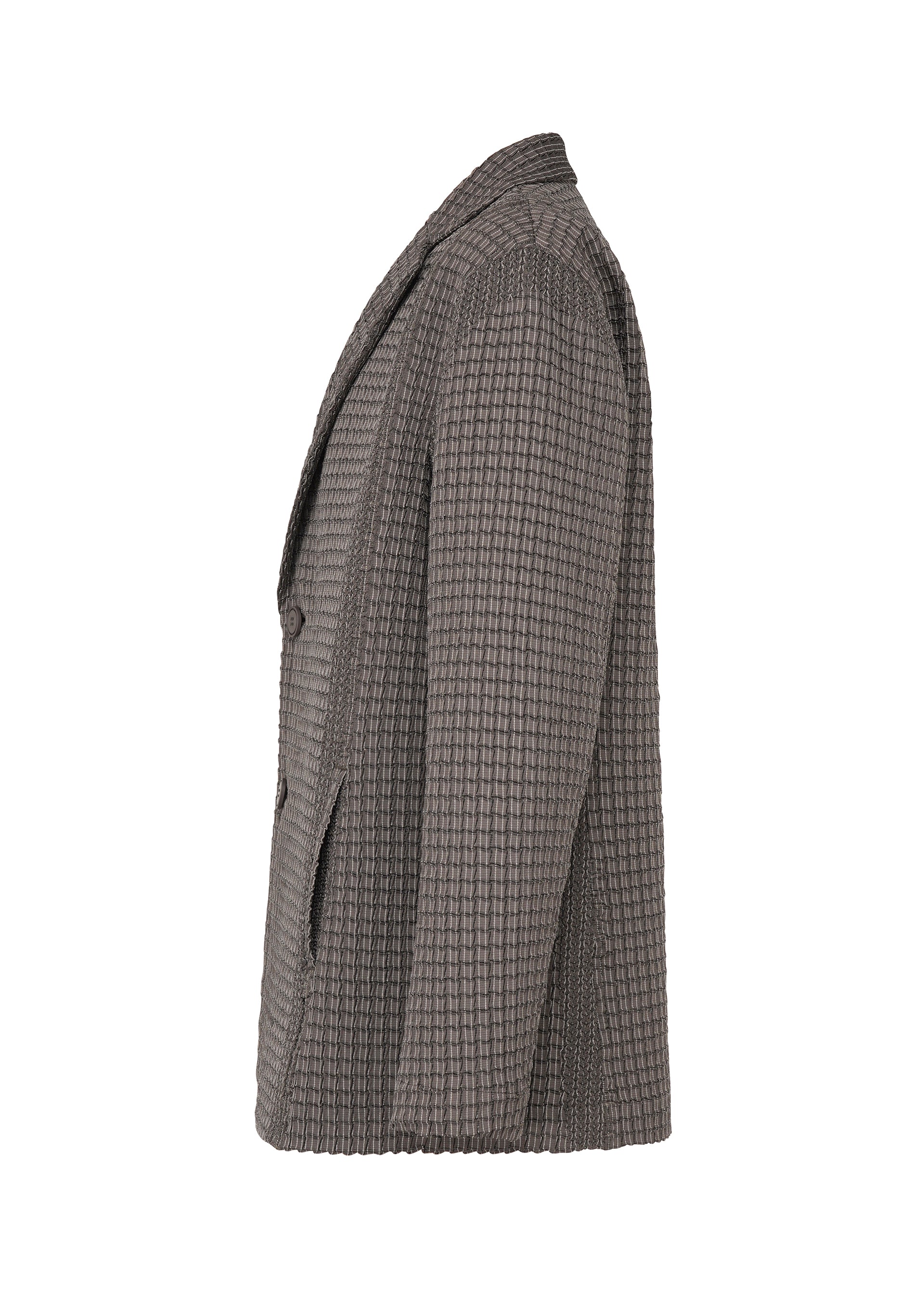 Zoomed view Side view of TYPE-O 014 by A-POC ABLE ISSEY MIYAKE, a brown checkered jacket with grid-shaped pleats, notched lapel, two front pockets, and two buttons, displayed against a plain white background.