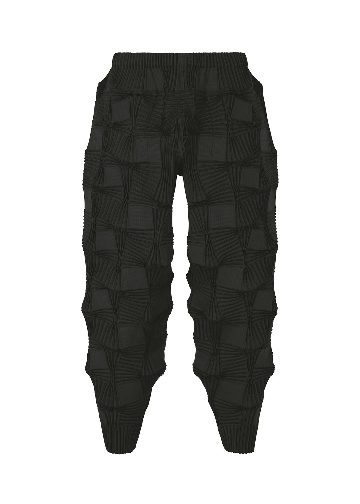 The TYPE-O 018 pants by A-POC ABLE ISSEY MIYAKE feature black pleated fabric with a unique raised square geometric pattern, elastic waistband, cuffed ankles, and are crafted using innovative Steam Stretch technology. view 1 of 5