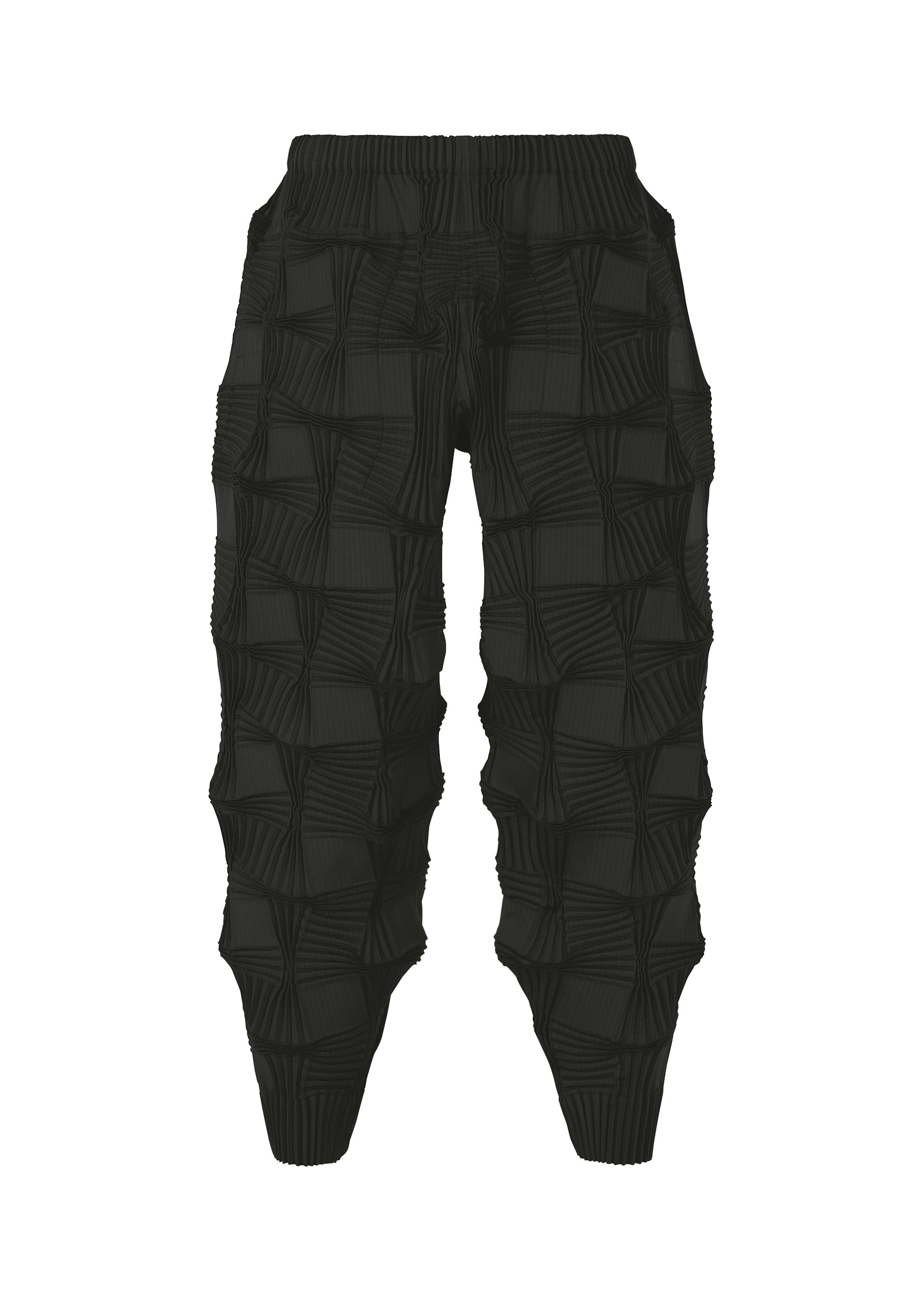Zoomed view The TYPE-O 018 pants by A-POC ABLE ISSEY MIYAKE feature black pleated fabric with a unique raised square geometric pattern, elastic waistband, cuffed ankles, and are crafted using innovative Steam Stretch technology. - BLACK （no.15）