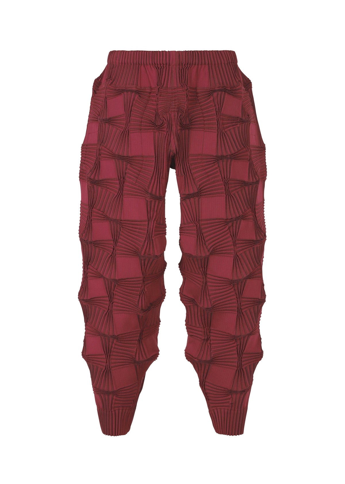 TYPE-O 018 by A-POC ABLE ISSEY MIYAKE: Maroon pleated pants with bold geometric, three-dimensional texture created by Steam Stretch, forming sculptural square folds. view 2 of 5