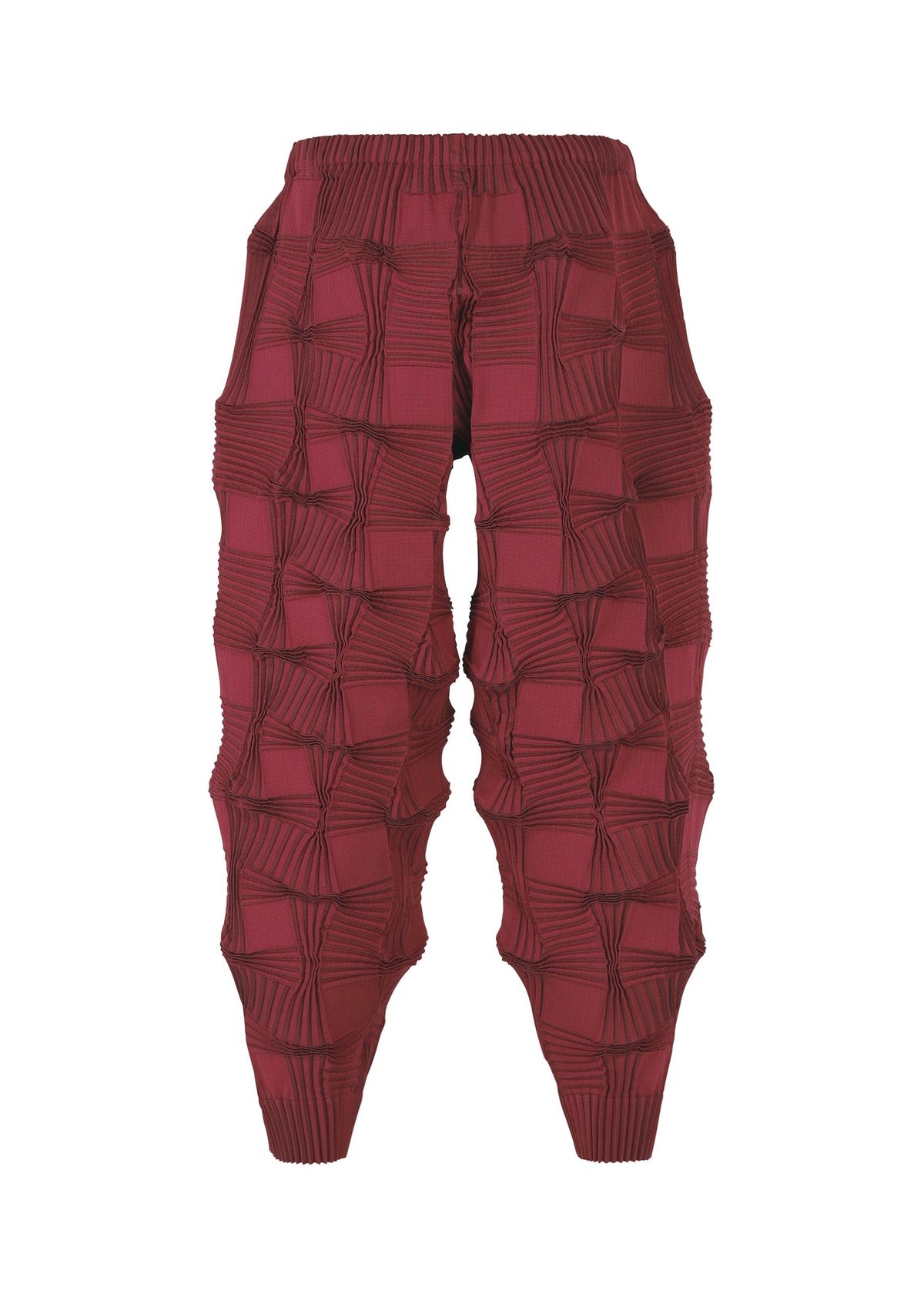 The TYPE-O 018 burgundy pleated pants by A-POC ABLE ISSEY MIYAKE showcase a geometric three-dimensional Steam Stretch pattern with spiral twists and a fitted waistband, displayed against a white background. view 3 of 5