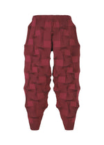 The TYPE-O 018 burgundy pleated pants by A-POC ABLE ISSEY MIYAKE showcase a geometric three-dimensional Steam Stretch pattern with spiral twists and a fitted waistband, displayed against a white background.