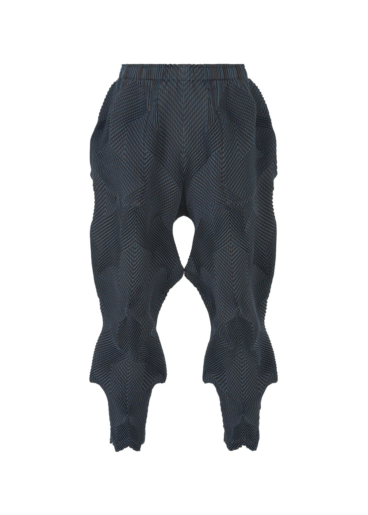 The TYPE-O 010 pants by A-POC ABLE ISSEY MIYAKE are dark blue, pleated, and textured with rounded, sculpted shapes along the legs for a unique 3D futuristic look. Made from recycled polyester, shown against a plain white background. view 2 of 11