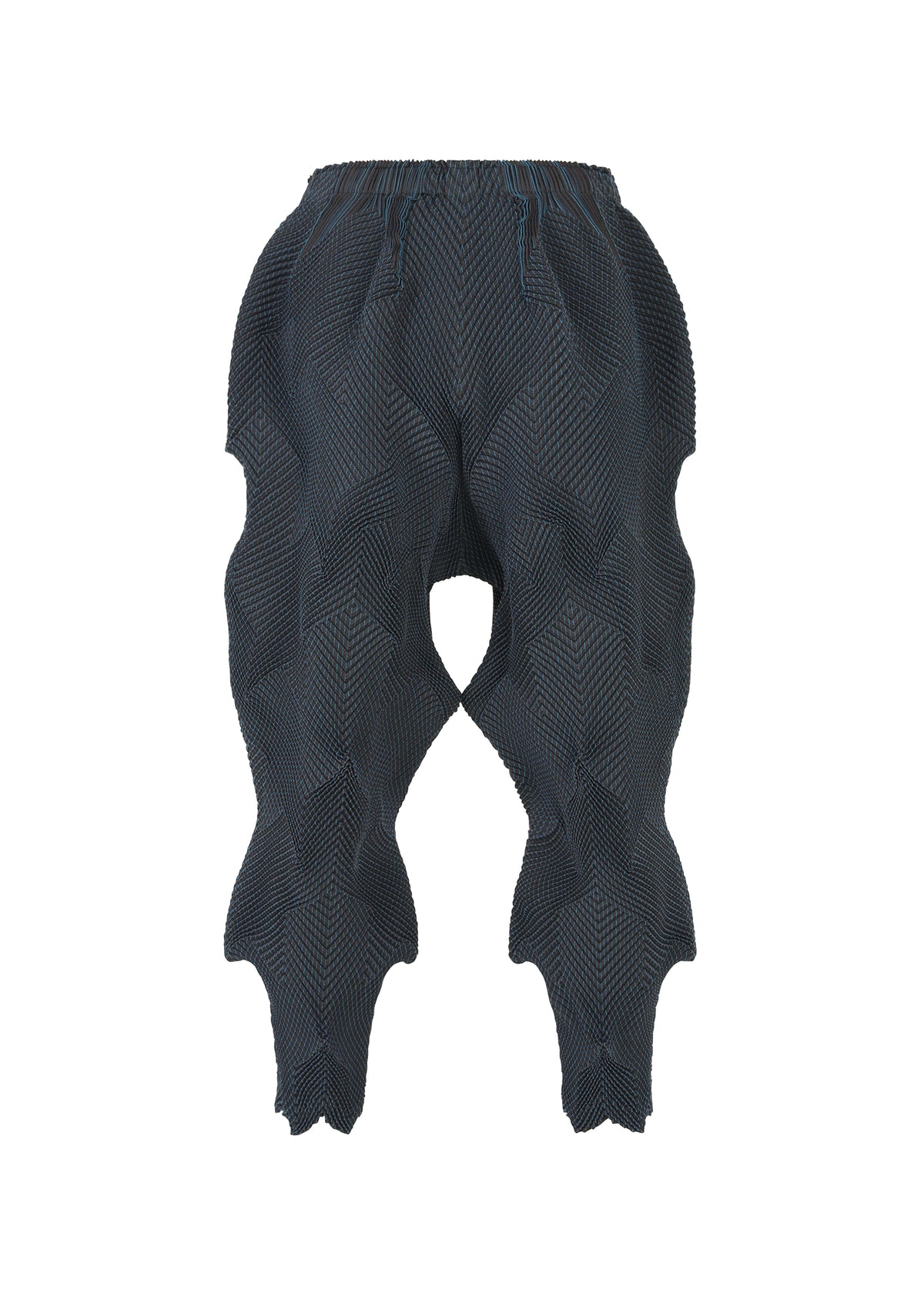 The TYPE-O 010 pants by A-POC ABLE ISSEY MIYAKE are dark blue, pleated, and made from recycled polyester with a textured geometric pattern and bold wavy 3D shapes along the legs, shown against a plain white background. view 4 of 11