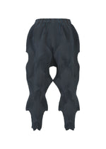 The TYPE-O 010 pants by A-POC ABLE ISSEY MIYAKE are dark blue, pleated, and made from recycled polyester with a textured geometric pattern and bold wavy 3D shapes along the legs, shown against a plain white background.