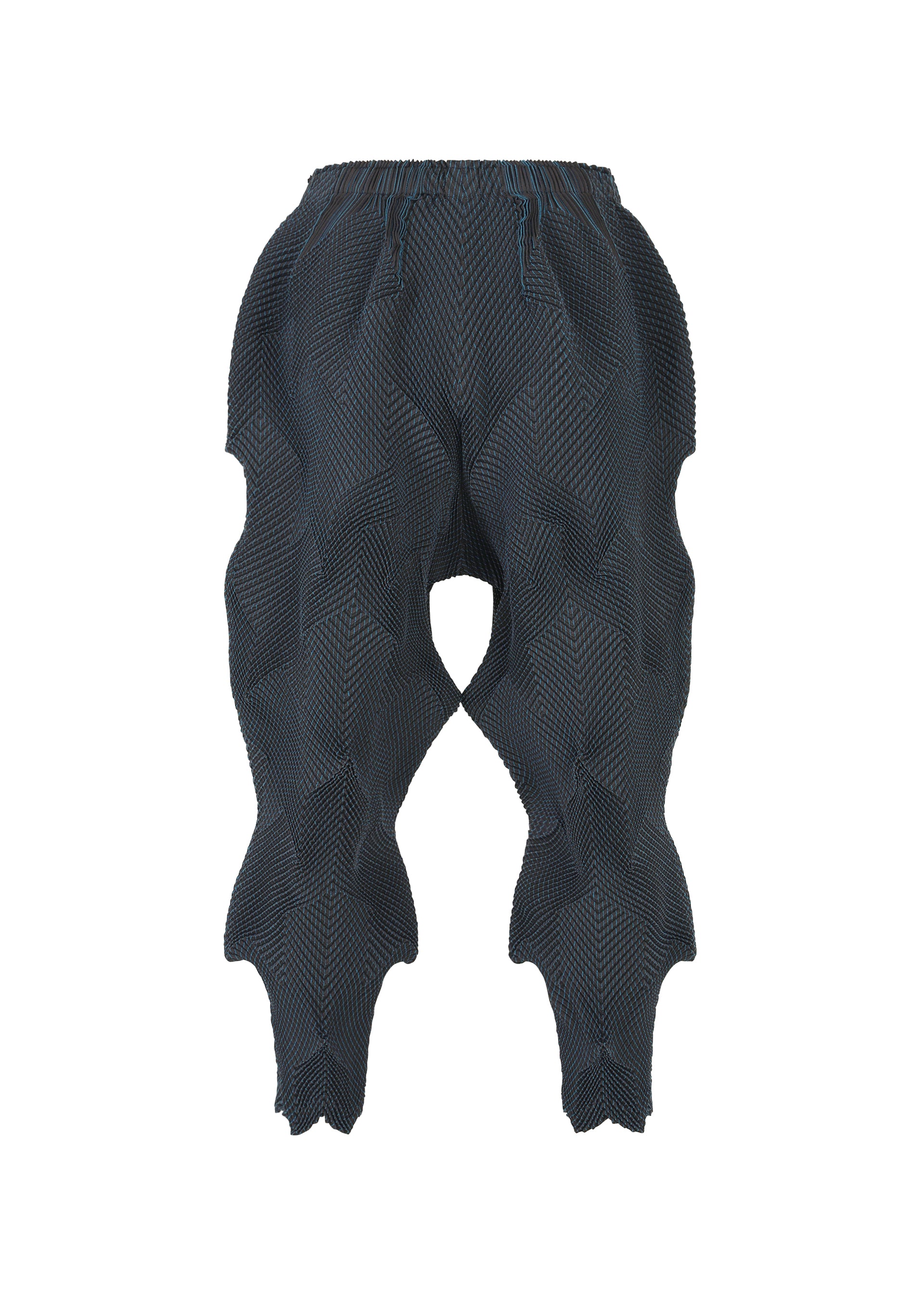 Zoomed view The TYPE-O 010 pants by A-POC ABLE ISSEY MIYAKE are dark blue, pleated, and made from recycled polyester with a textured geometric pattern and bold wavy 3D shapes along the legs, shown against a plain white background.