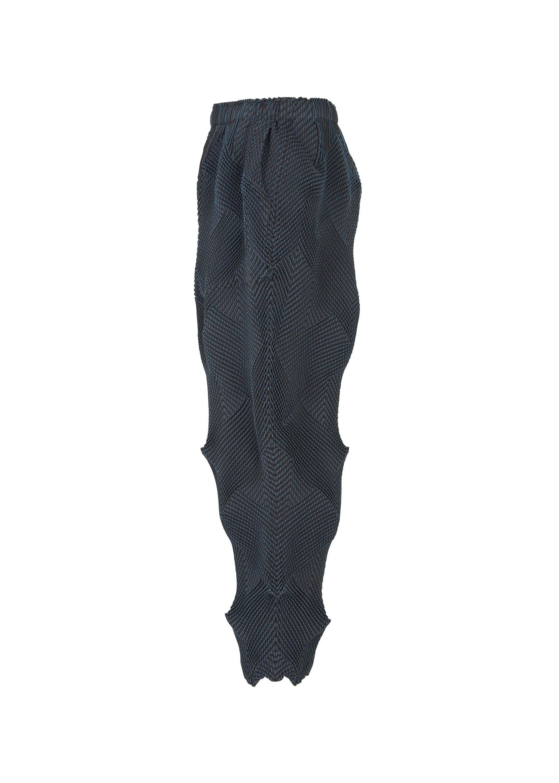 Zoomed view The TYPE-O 010 pants by A-POC ABLE ISSEY MIYAKE feature a dark blue, textured pleated design with a sculpted wavy silhouette and elastic waistband, made from recycled polyester and shown on a white background.