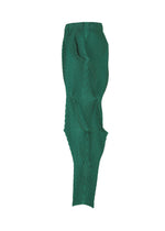 TYPE-O 007 pants by A-POC ABLE ISSEY MIYAKE feature a green steam stretch fabric with geometric zigzag patterns, sculpted shapes, an elastic waistband, and a slim fit. Shown on a plain white background.