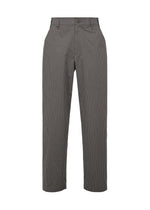The TYPE-S 003 trousers by A-POC ABLE ISSEY MIYAKE are gray pinstripe, straight-leg pants made from lightweight stretchy plant-derived polyester, with a front button and zip closure plus side pockets, shown on a plain white background. - GRAYISH BROWN （no.45）