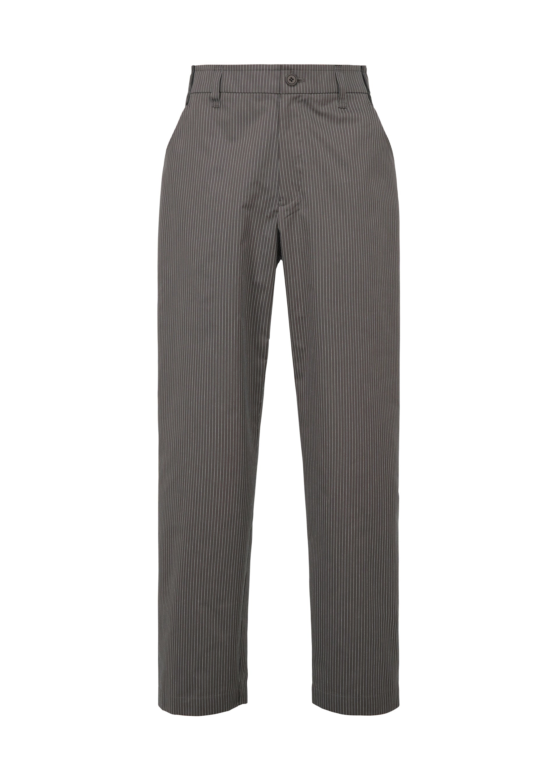 Zoomed view The TYPE-S 003 trousers by A-POC ABLE ISSEY MIYAKE are gray pinstripe, straight-leg pants made from lightweight stretchy plant-derived polyester, with a front button and zip closure plus side pockets, shown on a plain white background. - GRAYISH BROWN （no.45）