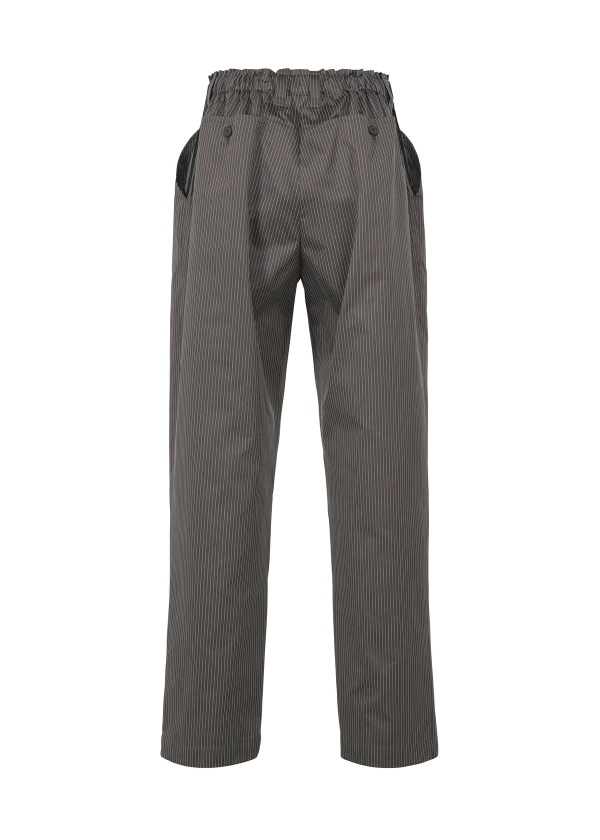 TYPE-S 003 pants by A-POC ABLE ISSEY MIYAKE: gray pinstriped, lightweight, stretchy trousers with a high ruffled elastic waistband, button accents, black side pockets, and made from plant-derived polyester. Shown on a white background. view 3 of 15