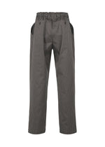 TYPE-S 003 pants by A-POC ABLE ISSEY MIYAKE: gray pinstriped, lightweight, stretchy trousers with a high ruffled elastic waistband, button accents, black side pockets, and made from plant-derived polyester. Shown on a white background.