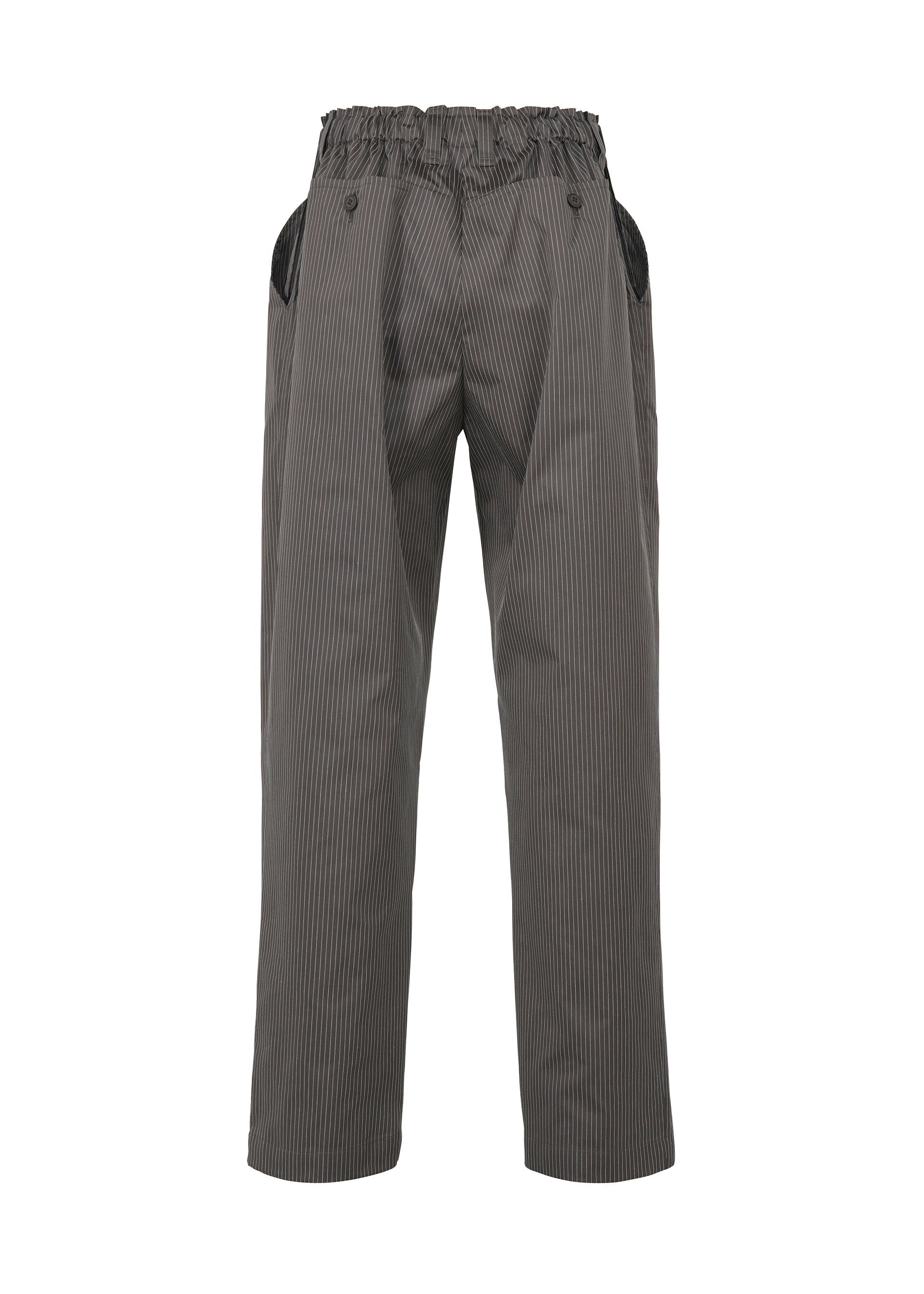 Zoomed view TYPE-S 003 pants by A-POC ABLE ISSEY MIYAKE: gray pinstriped, lightweight, stretchy trousers with a high ruffled elastic waistband, button accents, black side pockets, and made from plant-derived polyester. Shown on a white background.