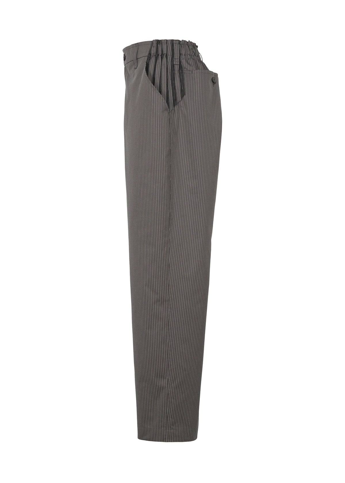 The TYPE-S 003 pants by A-POC ABLE ISSEY MIYAKE feature gray pinstripes, a lightweight stretch fabric, elastic waistband, relaxed loose fit, gathered waist detailing, and side pockets. Seen from the side. view 4 of 15