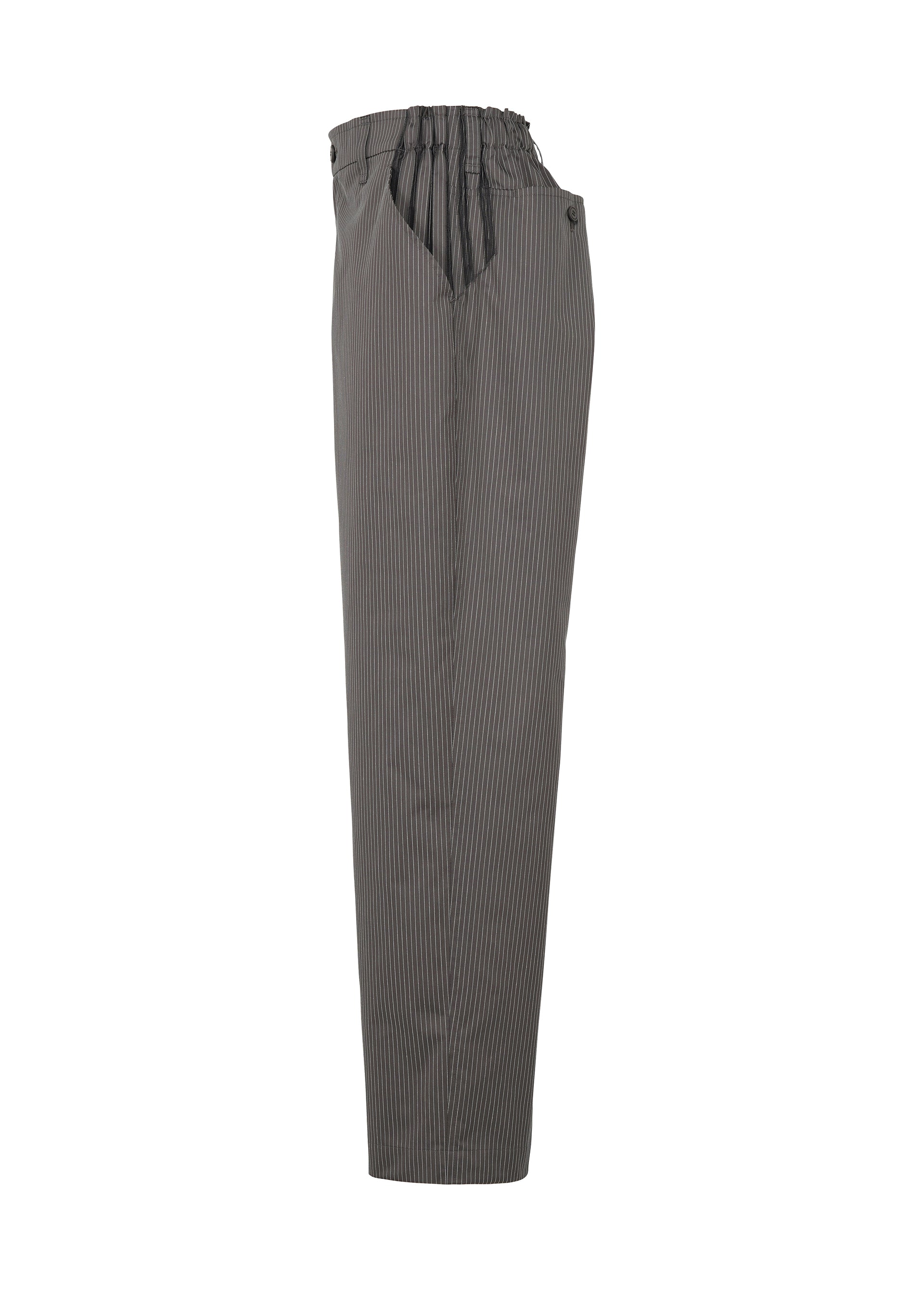 Zoomed view The TYPE-S 003 pants by A-POC ABLE ISSEY MIYAKE feature gray pinstripes, a lightweight stretch fabric, elastic waistband, relaxed loose fit, gathered waist detailing, and side pockets. Seen from the side.