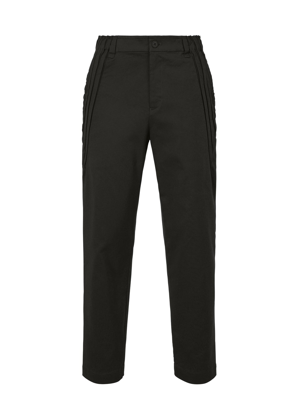 The TYPE-C 003 by A-POC ABLE ISSEY MIYAKE are black straight-leg cotton pants with an elastic waistband, side pockets, and a front button closure, shown against a white background for a comfortable fit. view 1 of 5