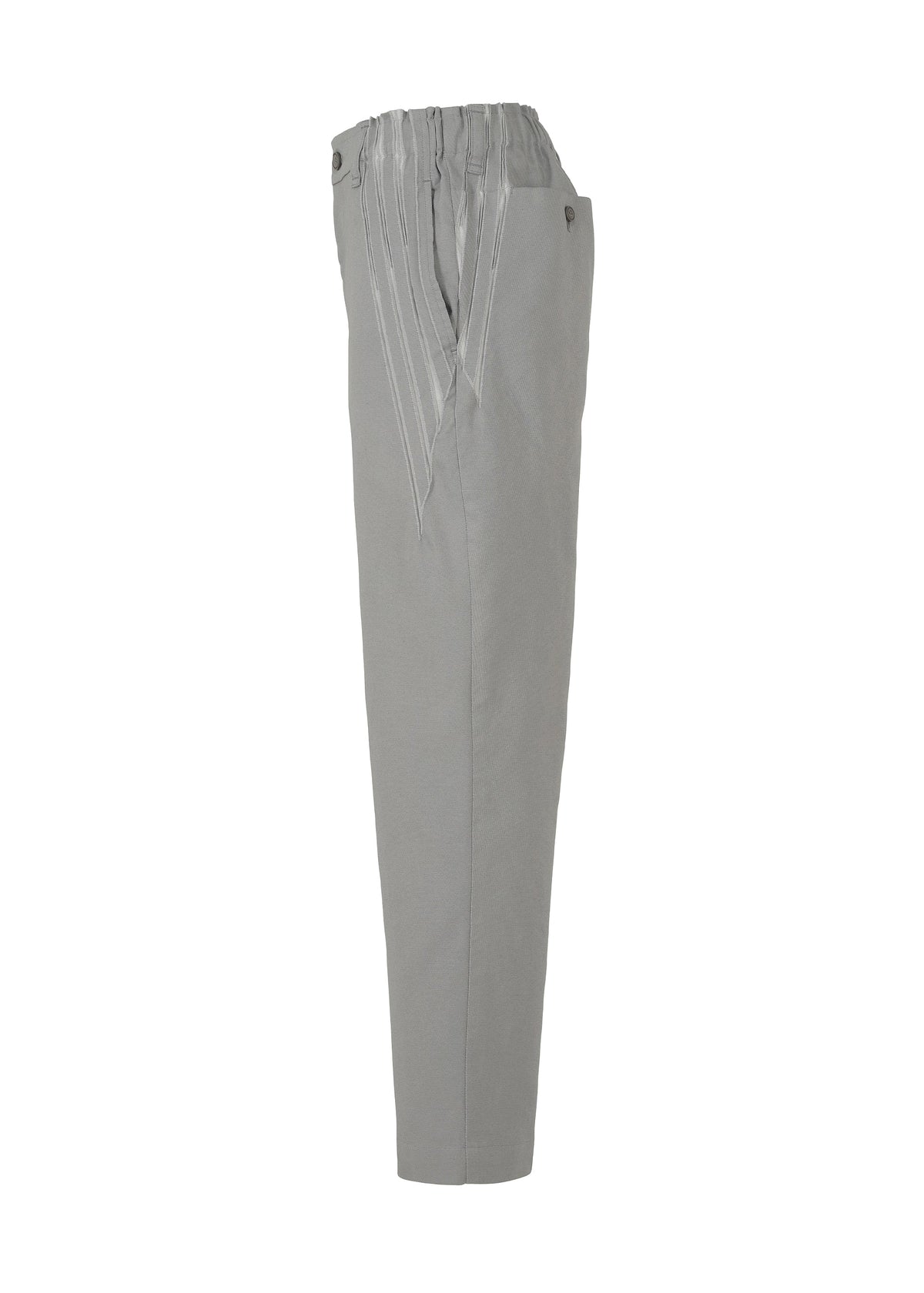 The TYPE-C 003 pants by A-POC ABLE ISSEY MIYAKE feature light gray cotton, pleats near the waistband, a relaxed tapered leg, and a comfy fit with innovative Steam Stretch fabric, shown from the side. view 2 of 5