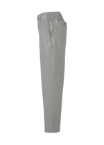 The TYPE-C 003 pants by A-POC ABLE ISSEY MIYAKE feature light gray cotton, pleats near the waistband, a relaxed tapered leg, and a comfy fit with innovative Steam Stretch fabric, shown from the side.