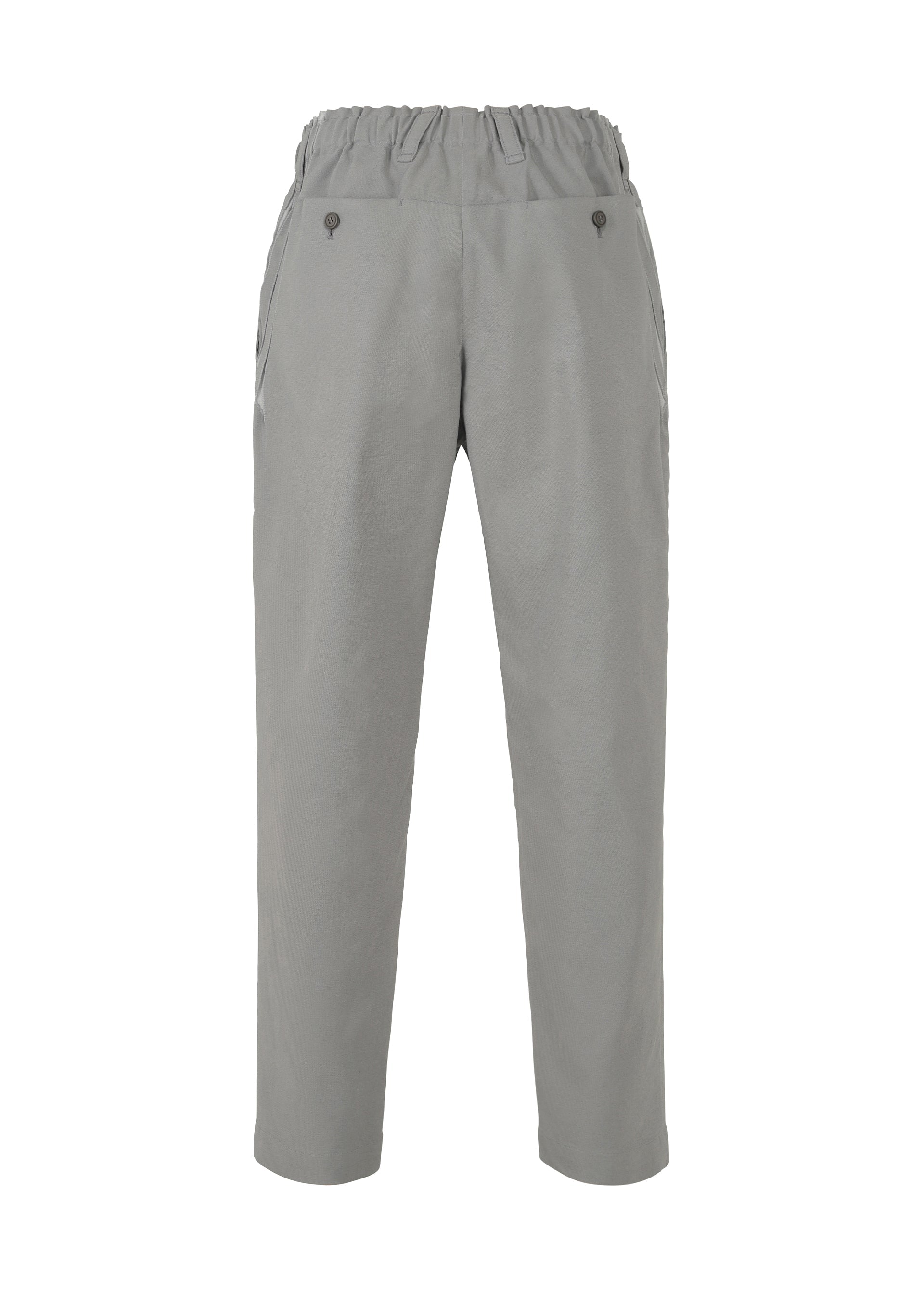 Zoomed view TYPE-C 003 trousers by A-POC ABLE ISSEY MIYAKE: light grey with an elastic waistband, front button details, straight legs, side pockets, and a relaxed fit. Displayed against a plain white background.