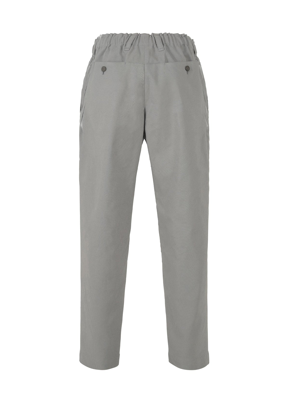 TYPE-C 003 by A-POC ABLE ISSEY MIYAKE: Light gray straight-leg cotton pants with elastic waistband, front pleats, and two side pockets with button closures for comfort. Shown on a white background. view 3 of 5