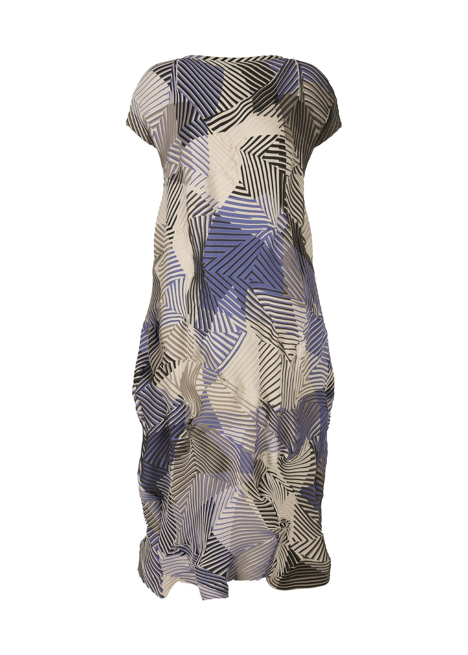Zoomed view The TYPE-P 002 dress by A-POC ABLE ISSEY MIYAKE is a loose, short-sleeved style in crinkled fabric with pleats and geometric zigzag and diagonal patterns in black, white, and vibrant blue for a bold look. - BLUE-HUED （no.76）