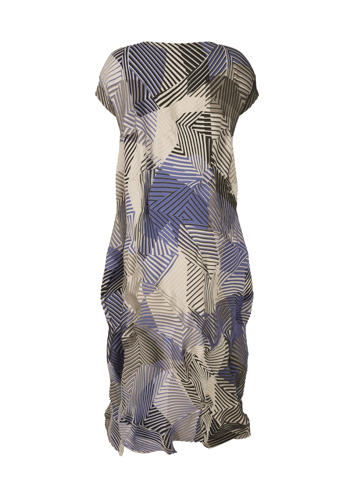 The TYPE-P 002 by A-POC ABLE ISSEY MIYAKE is a loose, knee-length pleated dress with short sleeves, a draped silhouette, and a geometric pattern in black, white, grey, and blue shades. view 3 of 6