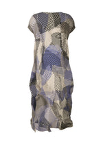 The TYPE-P 002 by A-POC ABLE ISSEY MIYAKE is a loose, knee-length pleated dress with short sleeves, a draped silhouette, and a geometric pattern in black, white, grey, and blue shades.