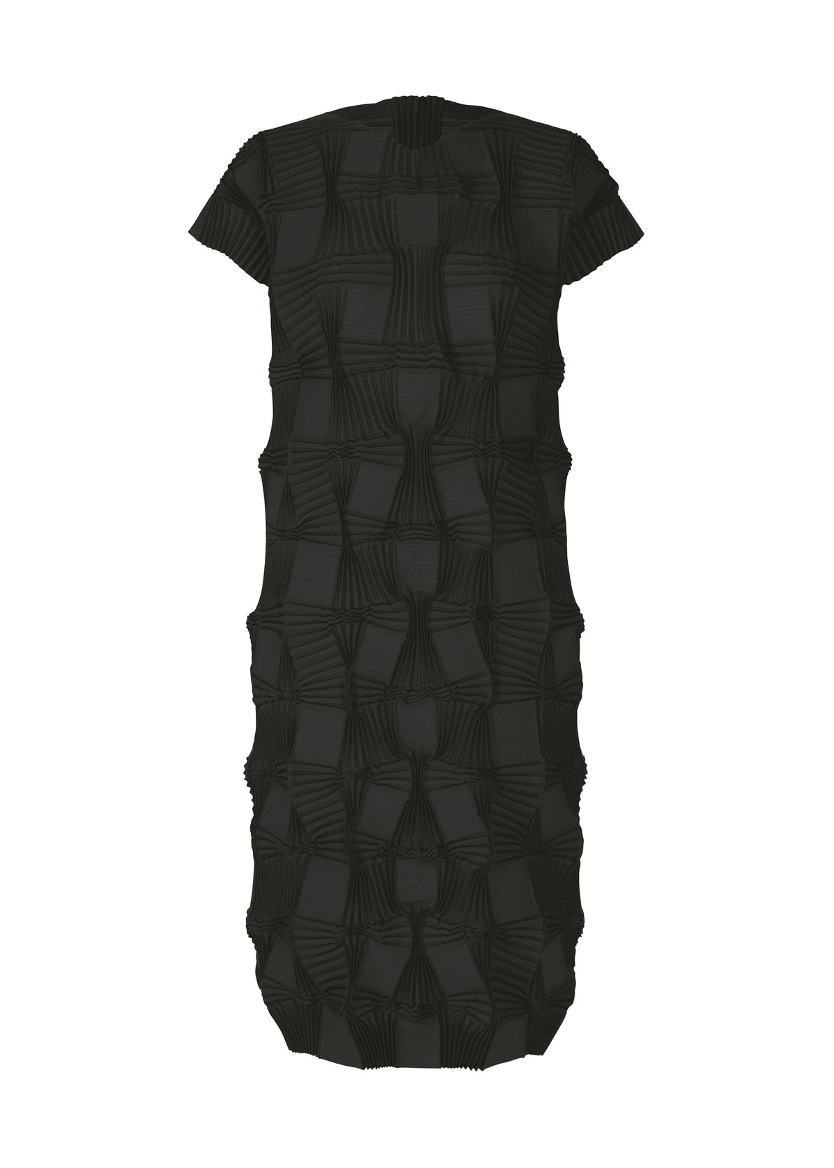 The TYPE-O 018 by A-POC ABLE ISSEY MIYAKE is a black, short-sleeved, calf-length Steam Stretch dress with a textured geometric pattern of raised squares. It has a straight silhouette and no visible fastenings. view 3 of 6
