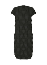 The TYPE-O 018 by A-POC ABLE ISSEY MIYAKE is a black, short-sleeved, calf-length Steam Stretch dress with a textured geometric pattern of raised squares. It has a straight silhouette and no visible fastenings. - BLACK （no.15）