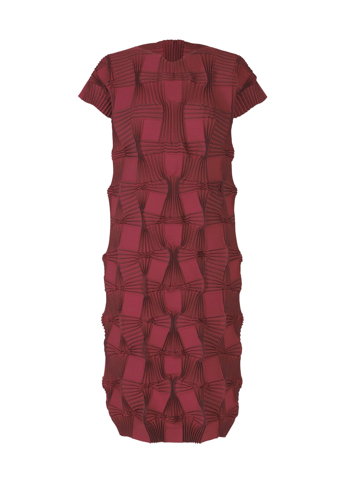 The TYPE-O 018 by A-POC ABLE ISSEY MIYAKE is a maroon short-sleeve pleated dress with black accents and a geometric 3D Steam Stretch pattern, shown on a white background. view 1 of 6