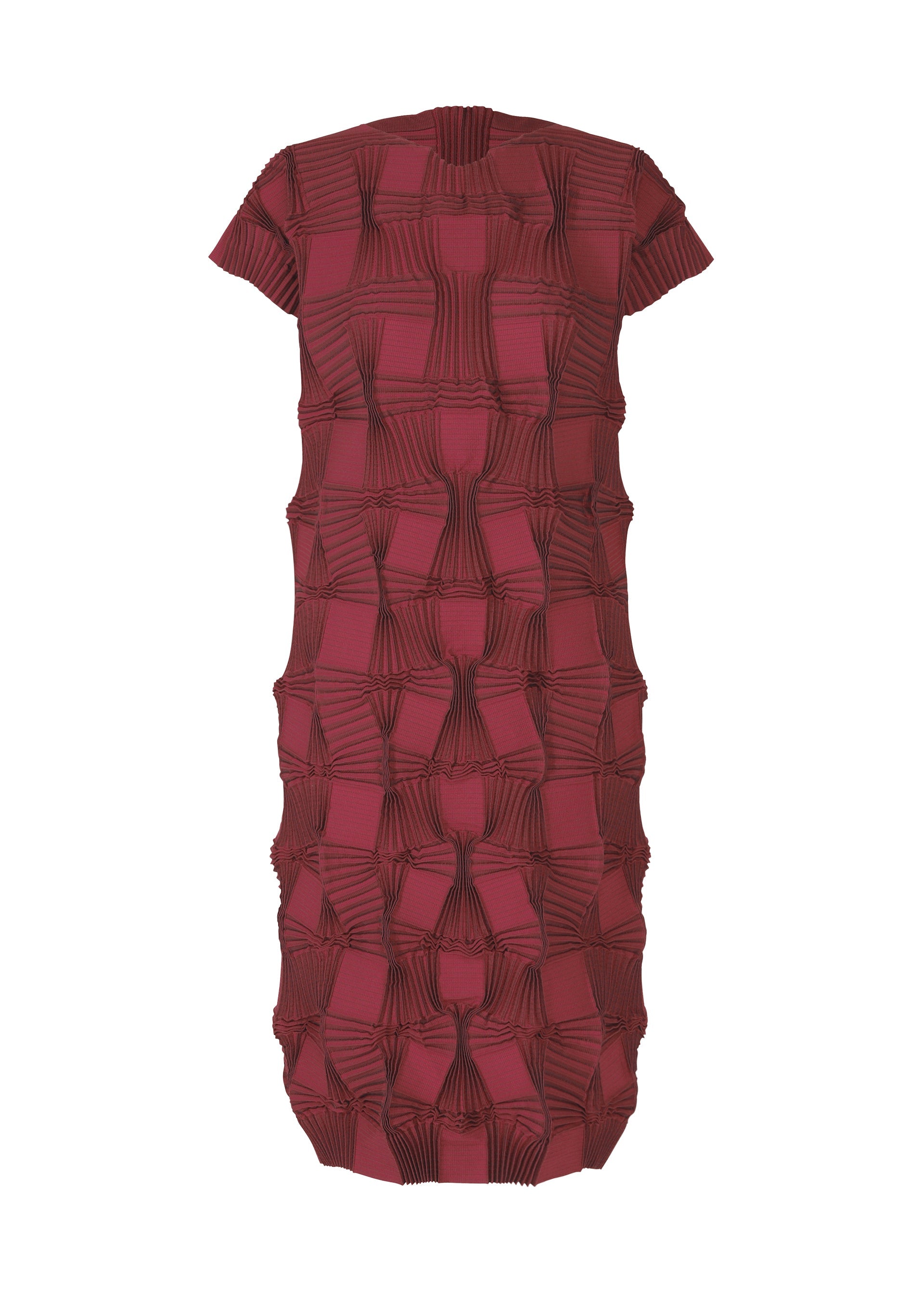 Zoomed view The TYPE-O 018 by A-POC ABLE ISSEY MIYAKE is a maroon short-sleeve pleated dress with black accents and a geometric 3D Steam Stretch pattern, shown on a white background. - ROSE RED （no.25）